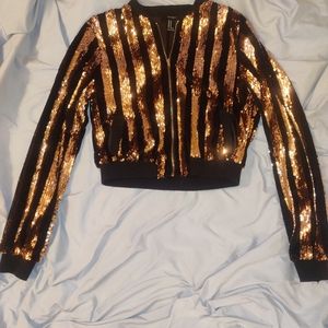 Forever 21 Black & Gold Sequin/Velvet Striped Bomber Jacket Size Medium